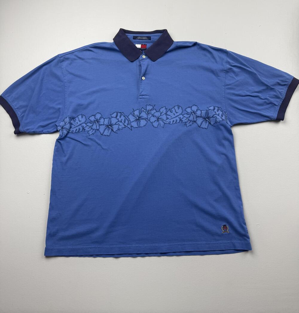 Tommy Hilfiger Polo Shirt Mens XL Blue Floral Tropical Short Sleeve Casual Knit